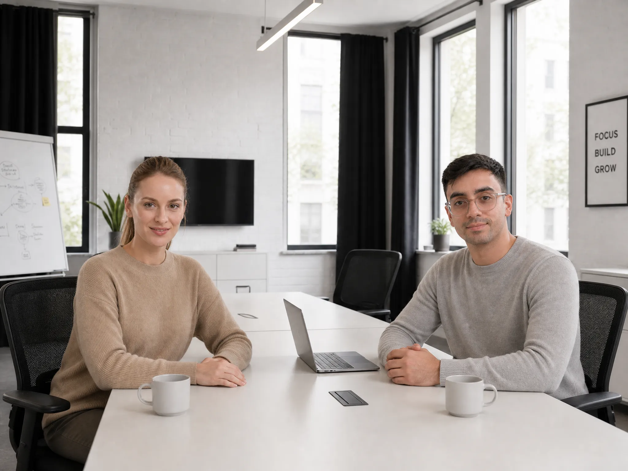 Zwei Kollegen im Gespräch am Konferenztisch in einem hellen Büro.