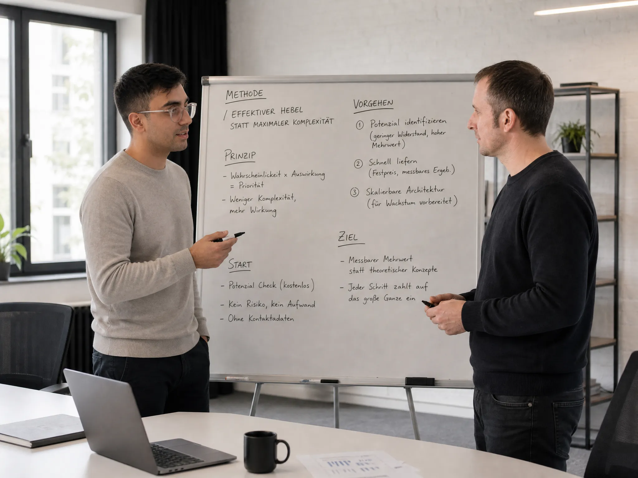 Zwei Kollegen besprechen die Nentix-Methodik an einem Whiteboard.
