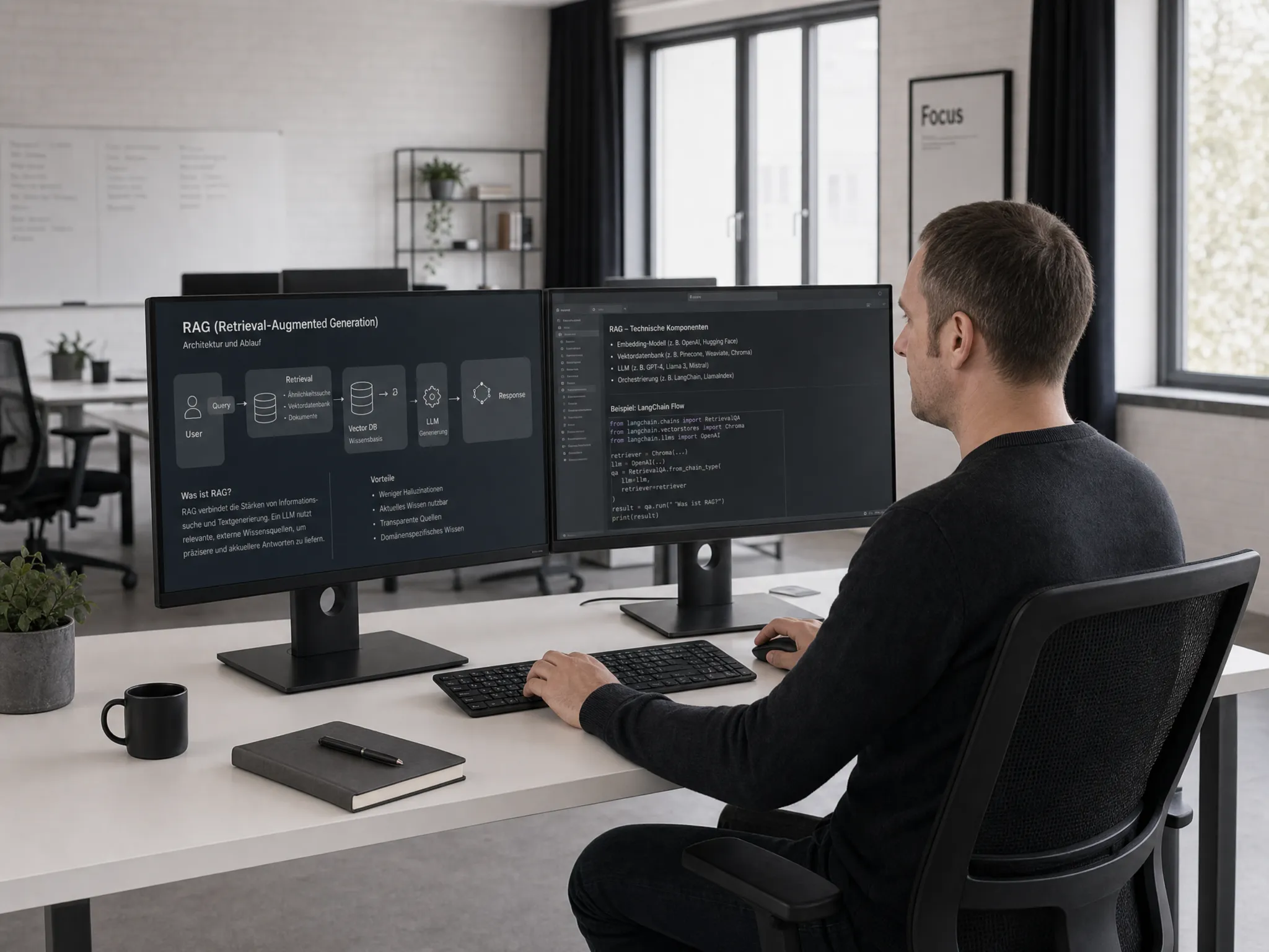 Mitarbeiter am Schreibtisch mit zwei Monitoren zu RAG-Architektur und technischen Komponenten.