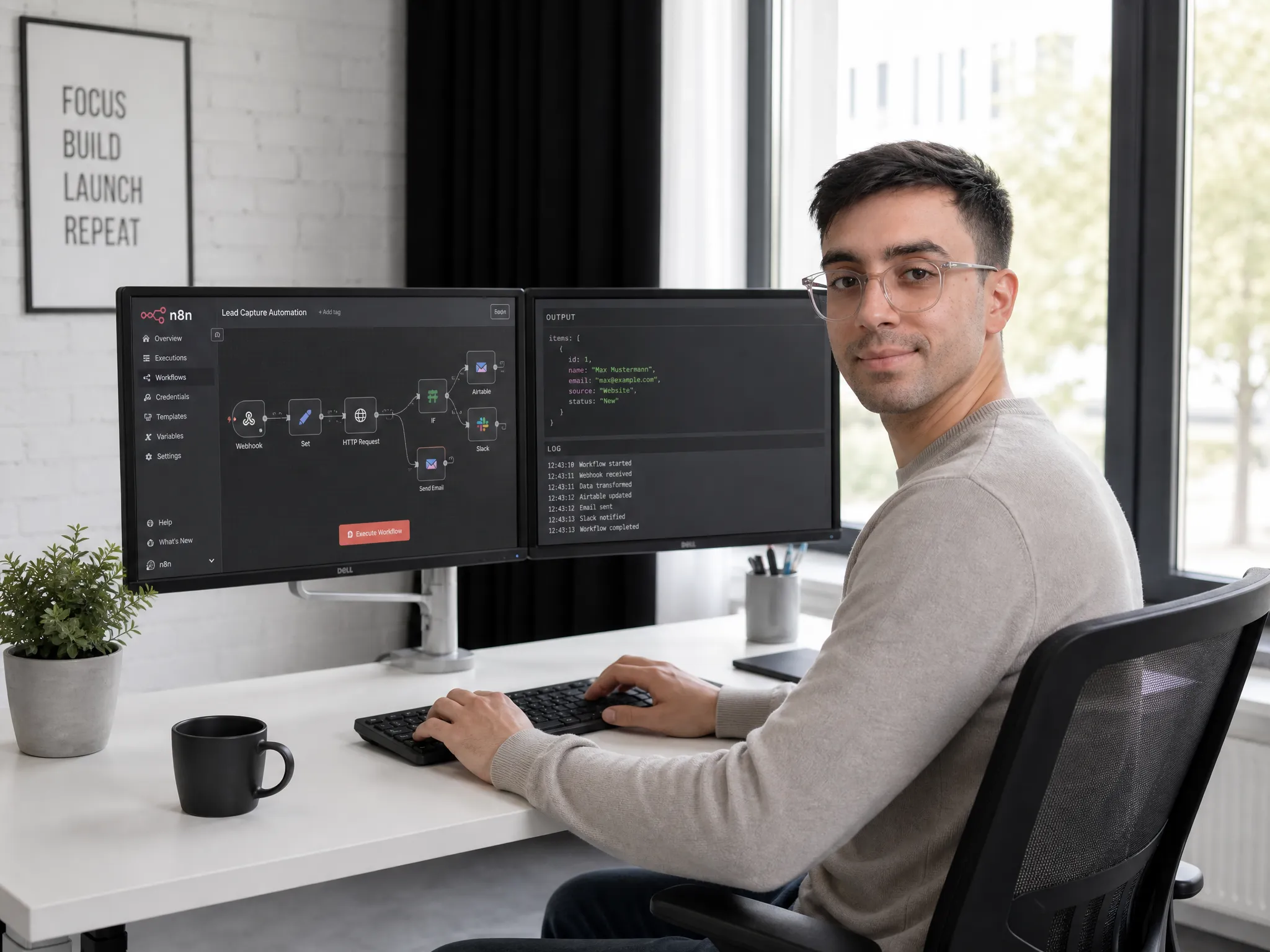 Mitarbeiter am Schreibtisch mit zwei Monitoren für Automations-Workflow und technische Ausgabe.