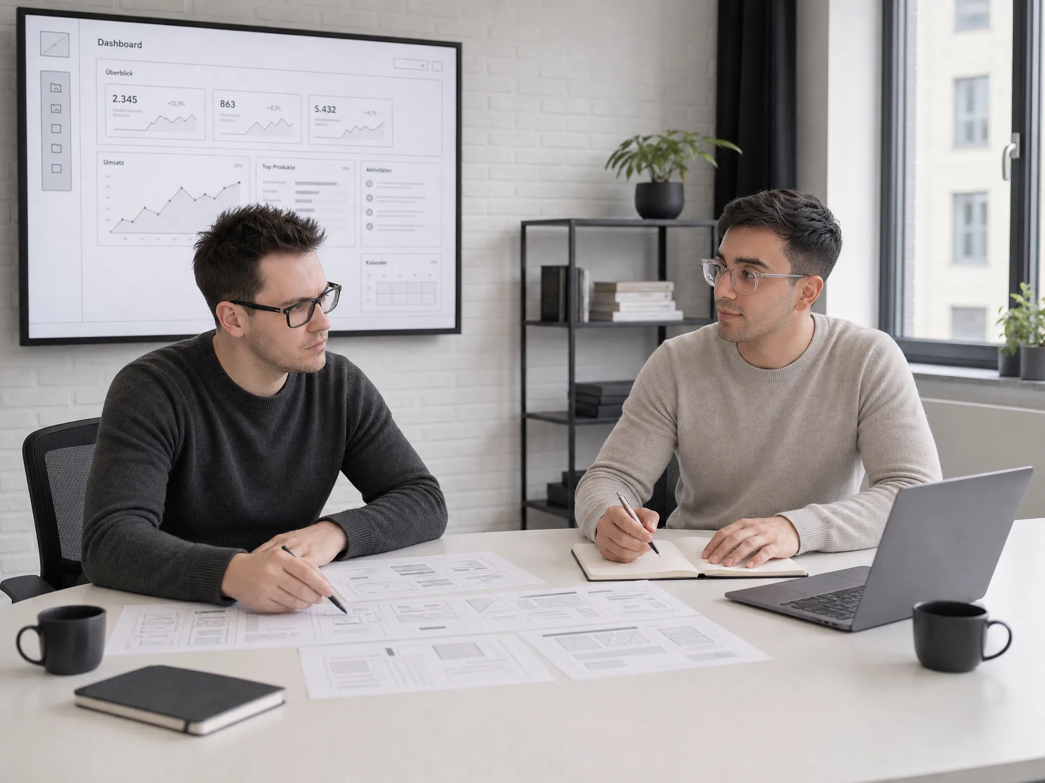 Zwei Kollegen besprechen Wireframes am Tisch, dahinter ein Dashboard auf dem Bildschirm.