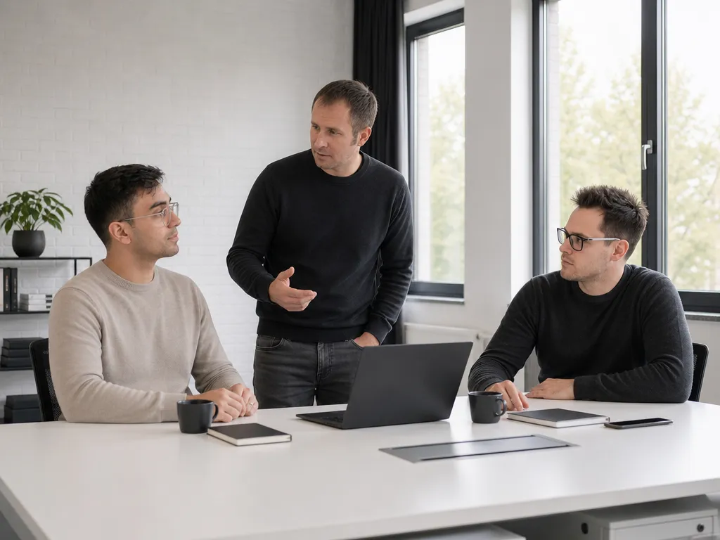 Drei Kollegen besprechen einen Ablauf am Konferenztisch in einem hellen Büro.